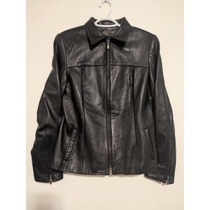 Identify Black Leather Biker‎ Jacket Very Soft Women's Size 12 Fitted Zip Accent